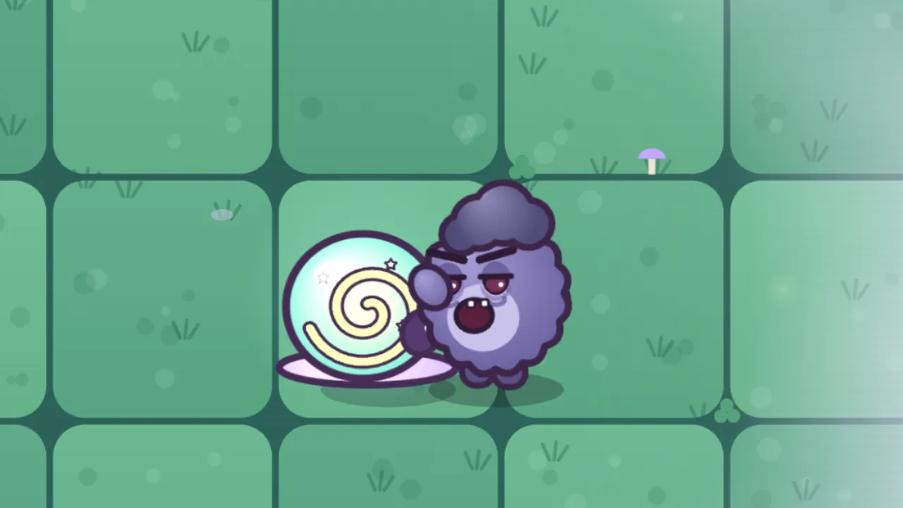 A close-up on the lawn: a Glowshell Snail has pulled itself into its pale, glowing shell with a yellow spiral on it, while a round, fuzzy purple Grumplet with a dark tuft of hair, red sleepless eyes and dark circles under them leans against the shell with its mouth wide open, nibbling; a wisp of white mist drifts in from the right