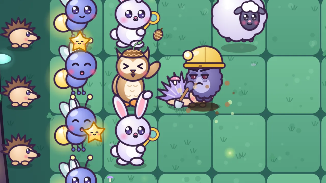 The Whispering Woods: a purple Digger Grump in a yellow hard hat with a lamp climbs out of the ground with a little shovel, dirt flying around it, right on top of Prickles, a lilac hedgehog lying flat with its spines up and a tiny mushroom on its back; just behind them a brown Pinecone Owlet with a pinecone cap on its head squeezes its eyes shut as a pinecone flies up, Woolly the sheep stands above, and on the left blue Lumi Fireflies with glowing tails, white Bubbuns and smiling stars of stardust line the first columns, with hedgehogs by the burrow at the edge