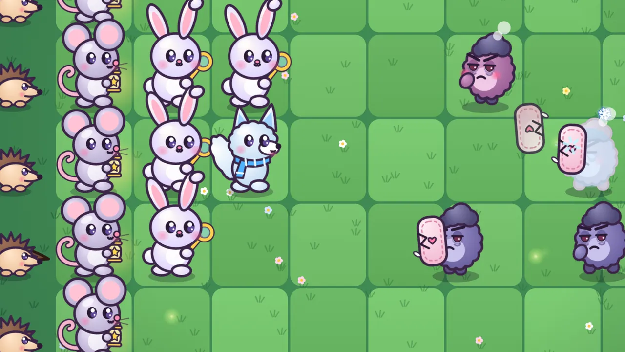Moonberry Meadow: on the left, a column of hedgehogs by the burrow, a column of gray Twinkle Mice with star lanterns and two columns of white Bubbuns with bubble wands, with the Frostkit, a fluffy white fox kit in a blue striped scarf, standing in the middle row; on the right, a frosty pale blue Grump has just lost its pink pillow, which flies off with its stitched heart and z, a Pillow Grump below still hides behind its pillow, a plain Grumplet walks beside it, and at the top a cross pink Grump with no pillow left glares at the bunnies