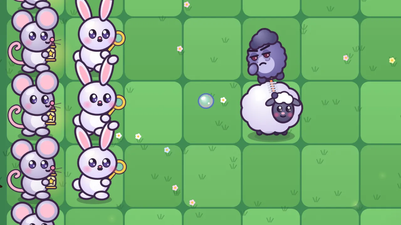 Moonberry Meadow: a frowning purple Pogo Grump balances on an orange spring right on top of Woolly, a round white sheep with a dark face, in the middle of the bright green lawn; a single bubble floats toward them, and on the left a column of gray Twinkle Mice with pink ears hold little star lanterns next to a column of white Bubbuns with yellow bubble wands