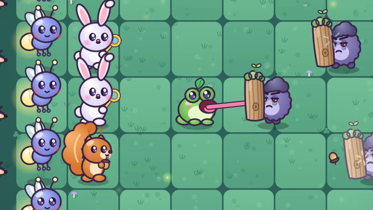 The Whispering Woods, on a darker blue-green lawn: Gulpy Frog, a round green frog with a leaf on its head, shoots out a long pink tongue at a frowning purple Bark Shield Grump hiding behind a tall wooden plank with a little sprout on top; two more Bark Shield Grumps stand on the right, an acorn flies toward one of them, and on the left a column of blue Lumi Fireflies with glowing yellow tails, two white Bubbuns and an orange squirrel holding an acorn wait in their squares