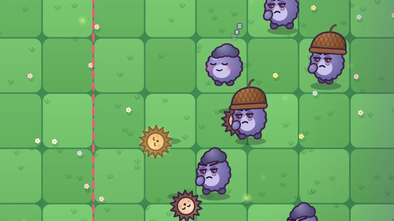 Moonberry Meadow, Rolly Bowling night: on a bright green lawn of square tiles crossed by a red dashed line on the left, Rollys, hedgehogs curled into spiky balls with sleepy smiling faces, roll toward the Grumps, a golden one in the middle and a brown one lower down; purple Grumplets with dark tufts and droopy red eyes stand in the rows, two of them wearing brown acorn caps, one Grumplet is already fast asleep with a little zzz above its head, and a third Rolly has just bonked the acorn-capped Grump in the middle row