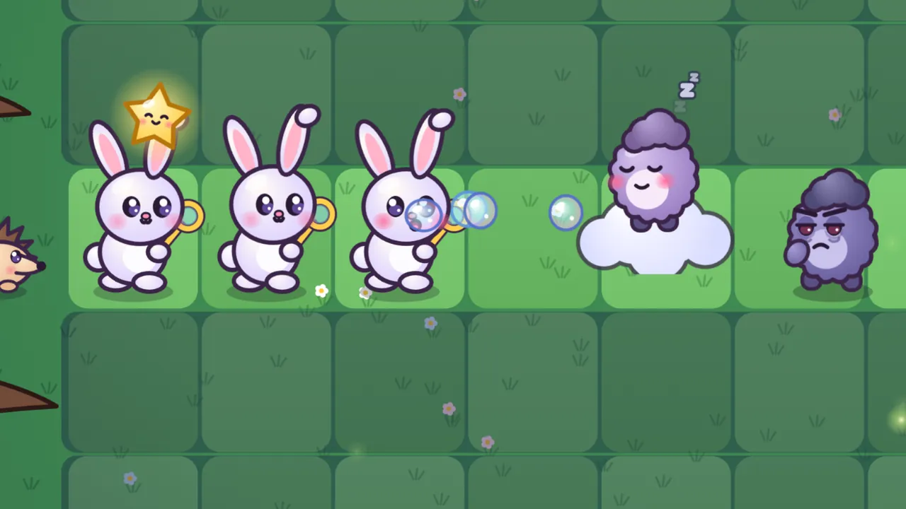 Moonberry Meadow at night, with only the middle lane of the lawn lit and the rows above and below in darker green: three white Bubbuns, bunnies with pink inner ears and yellow bubble wands, stand in a row on the left, the third one blowing a stream of shiny bubbles; a glowing smiling star of stardust floats over the first bunny, a hedgehog peeks in from the left edge, a purple Grumplet sleeps on a white cloud in the middle with a little zzz above its head, and a second, wide-awake Grumplet with a frown and droopy red eyes stands behind it on the right