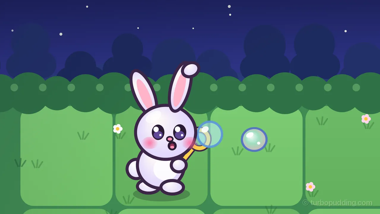 Bubbun, a white bunny with long pink-lined ears, one ear tip flopped over, big dark purple eyes and rosy pink cheeks, stands on the top row of the green lawn at night and blows into a yellow bubble wand, its mouth a little round O; a fresh soap bubble sits on the wand’s ring and another one floats off to the right; behind it run a dark green hedge of round bushes, dark blue tree shapes and a deep blue sky with a few small stars, and little white and pink flowers dot the grass