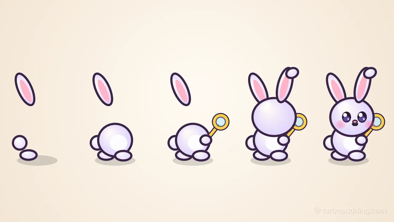 Five drawings of Bubbun in a row on cream paper, each one a step further along, from left to right: first only a small round white tail, a long white ear with a pink inside floating above it and a white oval back foot, over a soft gray shadow; then a plump round lilac-white body with a white belly patch and a front foot; then a yellow wand with a pale blue film inside its round ring and a round white paw holding the stick; then a big blank head, wider than the body, with a white shine at the top left and a second long ear whose tip flops over; and last the finished Bubbun with big dark purple eyes with white shines, pink cheeks, a pink nose and a tiny w-shaped mouth; every shape has a thick deep plum outline
