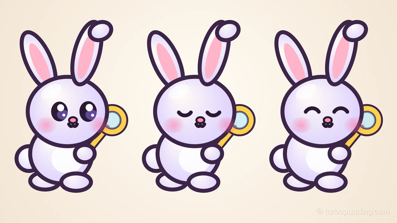Three large copies of Bubbun, a white bunny with long pink-lined ears, one ear tip flopped over, a yellow bubble wand in its paw, pink cheeks and a pink nose, standing side by side on cream paper and facing right: on the left, its big dark purple eyes with white shines are open and shifted a little to the right, as if watching something coming; in the middle, its eyes are closed in two soft downward curves, mid-blink; on the right, its eyes are closed in two happy upward arches