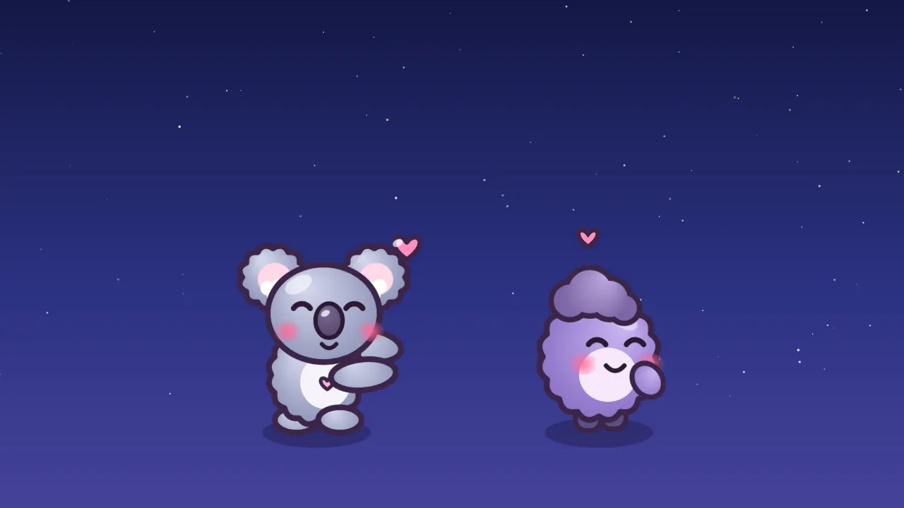 On a dark blue starry background, a round gray Huggy Koala with fluffy ears, a big dark nose, happy closed eyes, pink cheeks and a little heart on its belly holds its arms out for a hug, with a pink heart floating by its ear; to the right a light lilac Grump faces right, away from the koala, with its eyes squeezed into happy curves, rosy cheeks, a smile and a pink heart floating over its storm-cloud hair