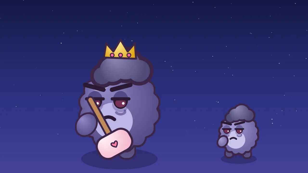 On a dark blue starry background, Big Grumbo, a huge lilac Grump with a gray storm-cloud tuft, heavy-lidded eyes with bags, a frown and a small gold crown with three pink jewels, holds a long wooden mallet with a soft pink pillow head marked with a heart, while on the right a plain Grumplet stands less than half its height, looking just as grumpy