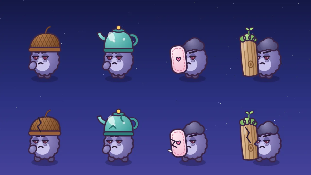 Eight Grumps in two rows on a dark blue starry background; in the top row a Grump wears a brown acorn cap with a crisscross pattern and a stem, the next wears a teal tea kettle on its head with a yellow knob and the spout pointing left, the next holds up a pink pillow with dashed stitching and a heart, and the last hides behind a tall slab of bark with a knot, a mossy top and a tiny green sprout; in the bottom row the same four look tired, with a crack zigzagging through the acorn cap, dents and a bent line on the kettle, a torn zigzag and a white feather on the pillow, and a crack and a chipped edge on the bark