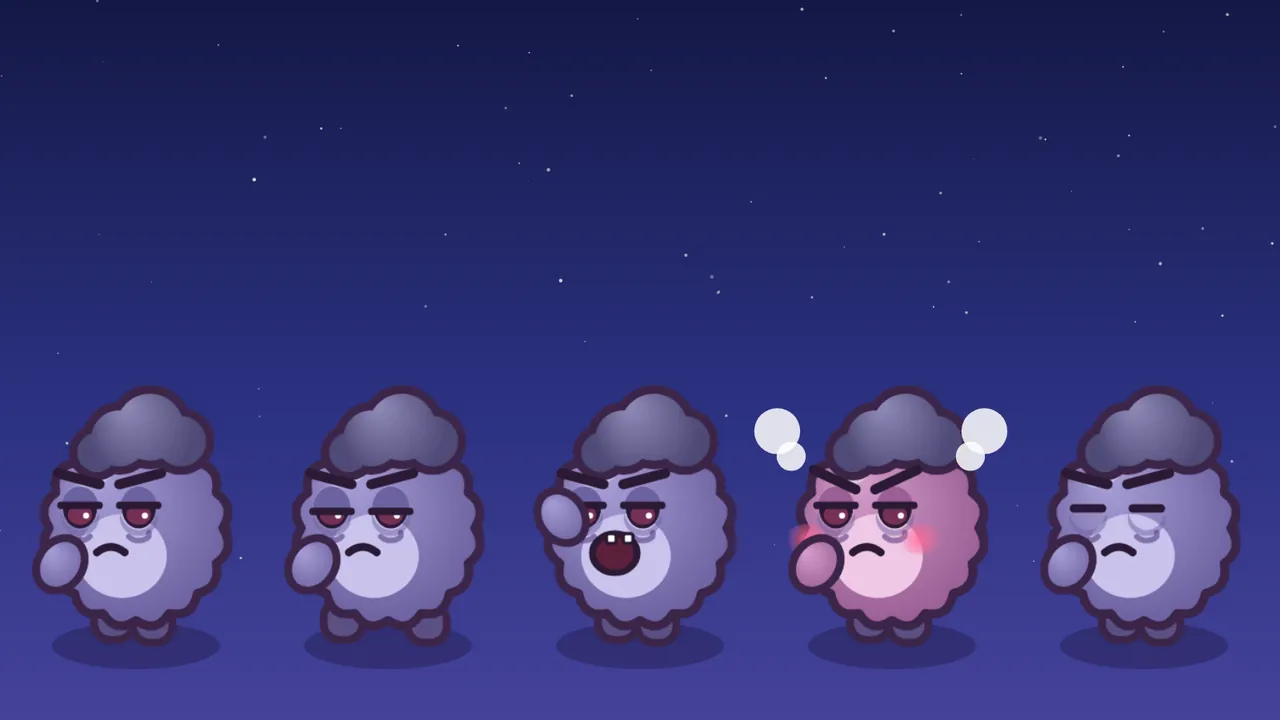 Five copies of the same Grumplet stand in a row on a dark blue starry background, each above a soft shadow and facing left: a lilac fuzzball with a gray storm-cloud tuft of hair, heavy-lidded red-brown eyes with puffy bags under them, thick brows in a V and a small frown, holding one paw up; the second has its lids drooped lower and looks tired, the third has its mouth wide open showing two small square teeth, the fourth is pink with red cheeks and two white puffs of steam rising beside its head, and the fifth has its eyes closed into flat lines in the middle of a blink