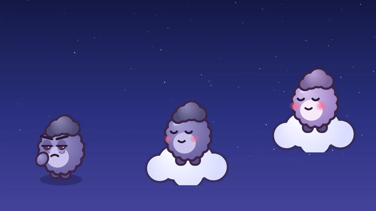 Three Grumps on a dark blue starry background, from left to right: a tired lilac Grumplet standing on the ground with drooping lids, a V of brows and a frown; then the same Grump sitting on a puffy white cloud with its eyes closed into curves, pink cheeks and a small smile; and higher up on the right, another Grump asleep on a cloud, its fur now lighter and pinker, with a brighter blush and a pale belly