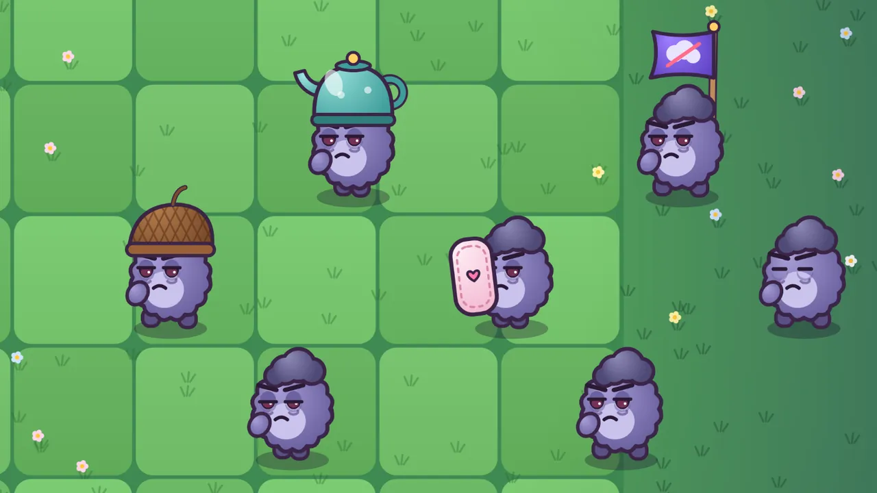 A bright green lawn of soft square tiles with little white, pink and yellow flowers, where seven lilac Grumps with gray storm-cloud hair, heavy-lidded eyes and grumpy frowns march to the left in three rows: one wears a teal tea kettle on its head, one a brown acorn cap, one hides behind a pink pillow with a heart, one carries a purple flag with a crossed-out cloud on a wooden pole, and three plain Grumplets walk along, one of them blinking and one looking tired