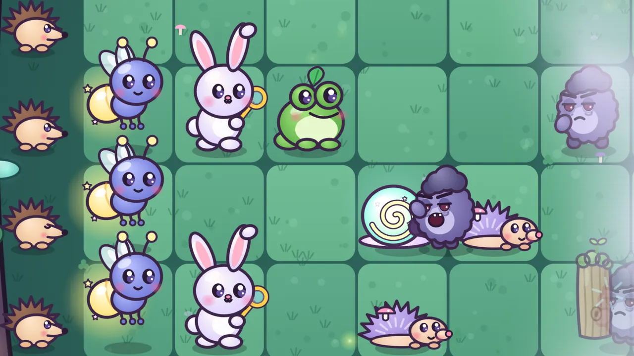 A night lawn in the Whispering Woods, a grid of rounded green squares: along the left edge, a column of round tan hedgehogs with brown spines; next to them, three blue Lumi Fireflies with glowing yellow tails and two white bunnies with bubble wands; a green Gulpy Frog with a leaf on its head sits near the top, a Glowshell Snail with a glowing mint shell faces a purple Grump with storm-cloud hair in the middle, two Prickles Hedgehogs with lilac spines lie flat on the grass, and more Grumps, one behind a bark plank, wait in the pale mist on the right