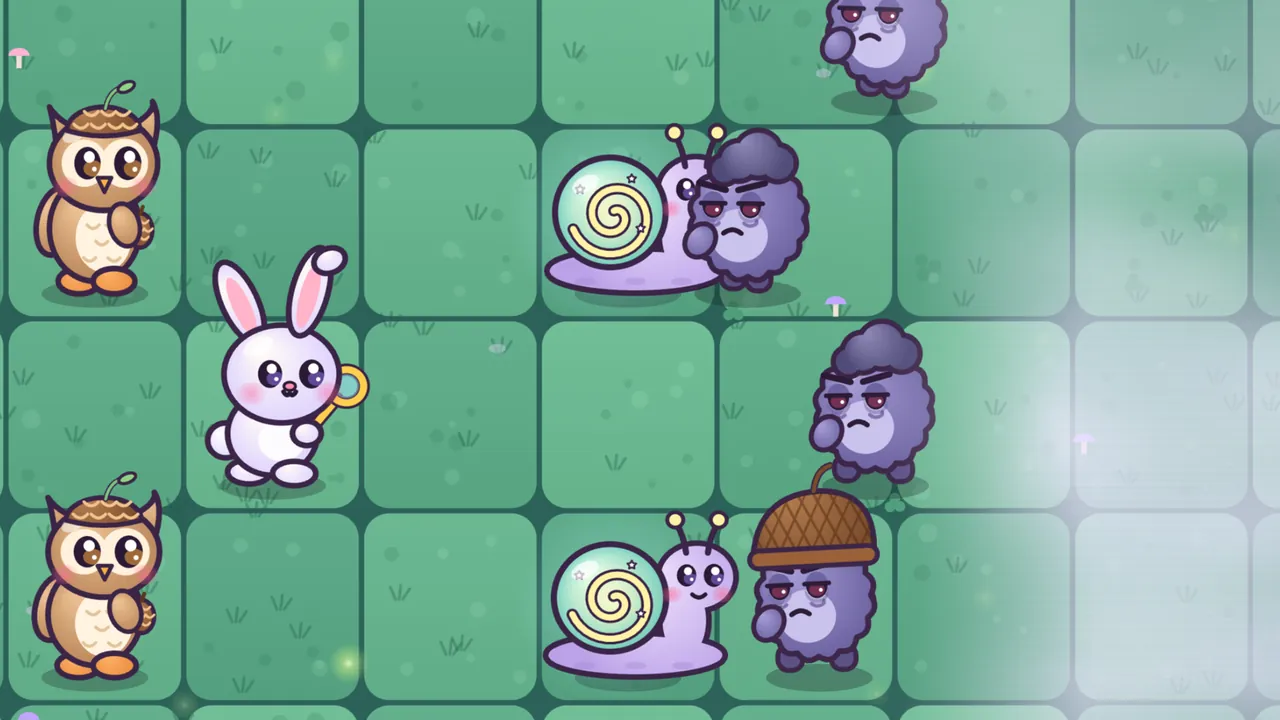 A night lawn in the Whispering Woods, a grid of rounded green squares: two Glowshell Snails, lilac snails with glowing mint shells swirled in yellow, sit in the middle of the lawn while round purple Grumps with storm-cloud hair and sleepy, grumpy eyes press up against them, one of them in an acorn cap; on the left, two brown Pinecone Owlets in acorn hats and a white bunny with a bubble wand wait, and on the right, a pale mist covers the far end of the lawn