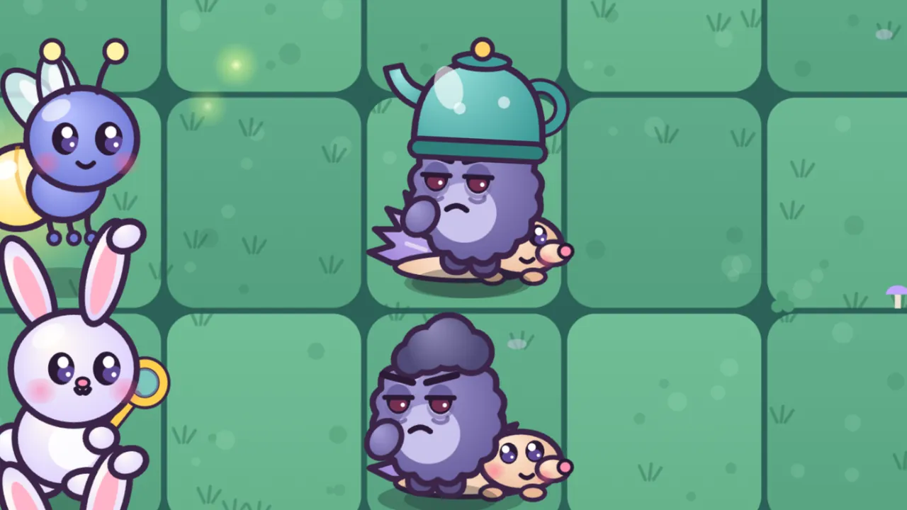 Two round purple Grumps with grumpy, sleepy eyes stand on two Prickles Hedgehogs, small tan hedgehogs with pink noses lying flat on the green lawn with lilac spines poking out behind them; the Grump on top wears a teal kettle as a helmet, and on the left, a blue Lumi Firefly with a glowing yellow tail hovers above a white bunny holding a bubble wand