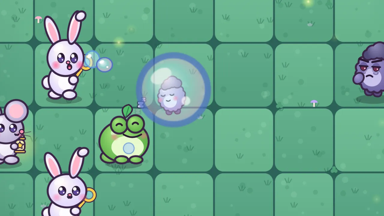Gulpy Frog, a round green frog with a leaf on its head and a pale bubble in its belly, naps with its eyes closed and a blue Z floating above it, while a sleeping Grump floats in a big clear bubble right in front of it; around them on the green lawn, two white bunnies blow bubbles, a gray Twinkle Mouse holds a little star lantern and a purple Grump frowns at the right edge