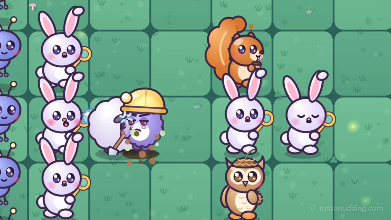 The middle row of the woods lawn at night: a purple Digger Grump in a yellow hard hat with a little lamp has just come up out of the ground in the third column, crumbs of dirt flying around it, frowning with tired red eyes and holding a small shovel, right in front of Woolly, a round white sheep; on the left a Bubbun blows a bubble at it, while farther right an orange Acorn Pip squirrel, two more white Bubbuns and a brown Pinecone Owlet with a pinecone cap and a little sprout stand in the fourth and fifth columns, where their shots can’t reach back