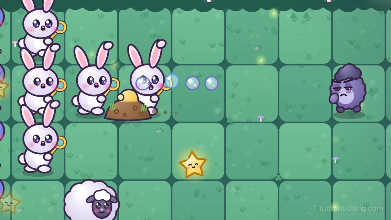 A row of the woods lawn at night: three white Bubbun bunnies with yellow bubble wands stand one behind another, and the front one blows a line of soap bubbles to the right at a grumpy purple Grumplet with a gray storm-cloud tuft, who rubs one tired red eye; a brown mound of dirt with a yellow hard hat poking out of it moves along the grass right under the bunnies, and the bubbles fly straight over it; a smiling glowing stardust star lies on the grass below, and a white Woolly sheep peeks in at the bottom