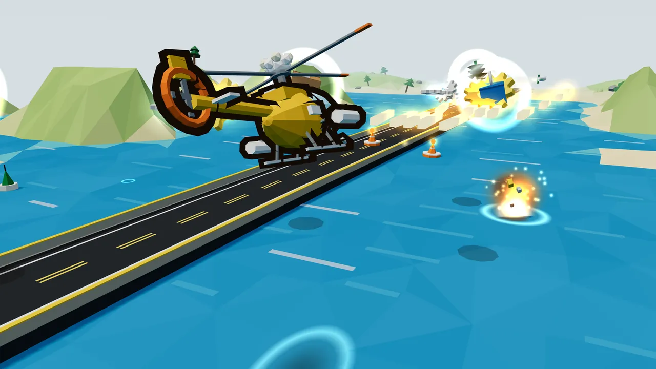 Dandelion, a yellow helicopter with a slim body, white outrigger pods, an orange hoop around its tail rotor and a puff of white tufts on top of its mast, flies low along a road that crosses the blue sea of Saltwind Reach, its gold-white shots streaming ahead toward a blue boat caught in a yellow burst, with orange cones on round floats along the road, a fiery splash in the water on the right, a green buoy on the left and grassy islands with small trees on the horizon