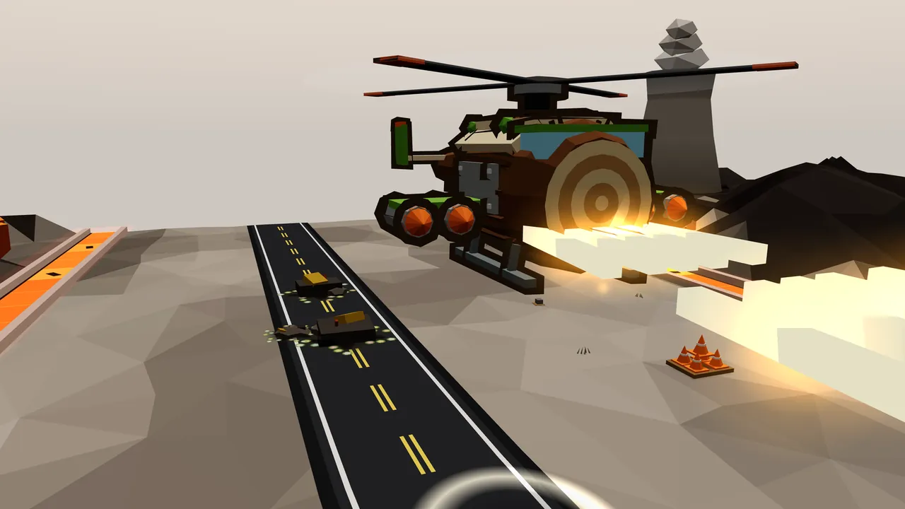 Ironbark, a heavy dark brown helicopter, faces the camera over the gray ground of Cinderworks: its nose is the cut end of a log with pale growth rings, steel plates sit on its barrel-shaped body, green moss trims its edges and four steel pods with orange noses hang from its wings, while wide gold-white shots stream off to the right; below it runs a black road with two wrecked machines sprouting little flowers, a pile of orange cones sits on the ground, a glowing orange channel runs along the left edge, a dark heap rises on the right and a tall gray chimney with gray puffs of smoke stacked above it stands behind