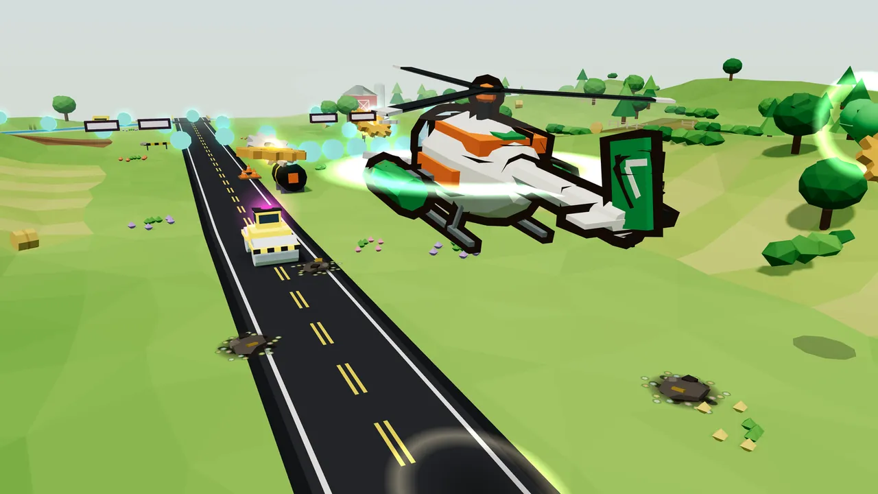 Thistle, a round white helicopter with orange stripes, green hopper pods on short wings and a tall green fin with a white mark, banks over the green hills of Greenfold Meadows above a long black road, a pale green swirl of light wrapped around it, while a line of glowing cyan balls runs along the road in the distance toward a yellow and white road roller with a pink light on top, a black barrel machine with an orange square and a spinning gold cog, with dark craters sprouting little flowers on and beside the road, white sign frames over the road and a red barn and a silo among the trees on the far hill