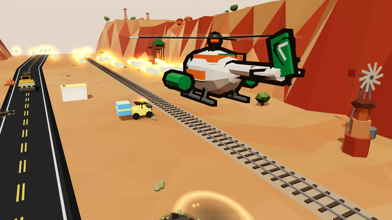 Thistle, a round white helicopter with orange stripes, green hopper pods on short wings and a tall green fin, flies low over Rustrock Canyon, firing a stream of glowing gold-white shots along a railway line, with red and orange cliffs on the right, a highway on the left with a yellow road roller, a small yellow forklift carrying a pale blue crate beside the track, a windmill on a red water tower at the right edge, a wooden lookout tower against the cliff and a glowing crater at the bottom of the picture