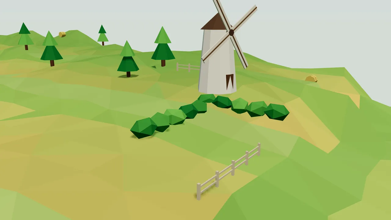 A farm piece of Greenfold Meadows from a low angle: a white farm windmill with a tapering tower, a dark brown cone roof, a dark doorway and four long cream sails on two crossed brown spars stands on a green hill; in front of it a hedge of round dark green leafy lumps curves across the slope, a short pale wooden fence with posts and two rails stands in the foreground, the hills are striped in soft greens and straw yellows, and behind them several pines made of two stacked cones and two small round hay bales sit on the ridge under a pale sky