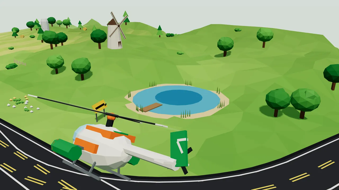 Thistle, the player’s helicopter, flies low in the foreground above a curving black road: a round white body with orange stripes, a green hopper pod, gray skids, a long black rotor and a green tail fin; beyond her lies a round pond with a sandy rim, light blue water, a darker deep spot, tufts of reeds and a small wooden dock, a yellow road sign with a black arrow band stands in the grass, a patch of small flowers and pale rocks sits on the left, and on the green hills behind stand round trees, pines, a pale silo and a white windmill with a brown cone roof and four crossed sails