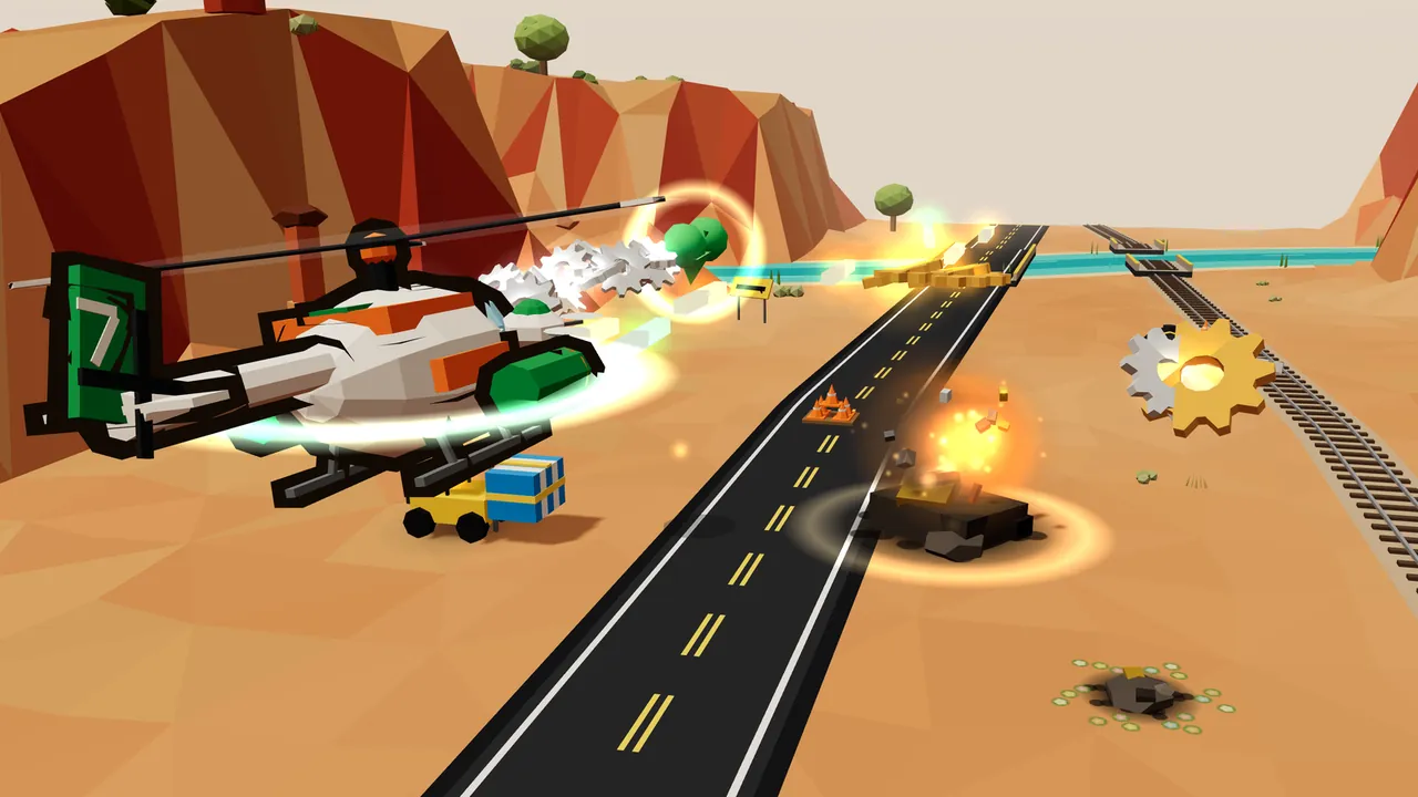 Rustrock Canyon, with tall red and orange cliffs on the left and a sandy floor: Thistle, the white helicopter with orange stripes and a green tail fin with a white mark on it, flies close on the left above a small yellow forklift carrying a blue crate, while white steel cogs and a green leaf-shaped bonus inside a glowing ring float just ahead of its nose; in the middle, a dark wreck on the road burns with a small orange fire inside a ring of warm light, a big silver and gold cog spins over the railway line on the right, a turquoise river crosses the far end of the canyon, and in the lower right corner an old scorched crater sits in a ring of tiny pale flowers
