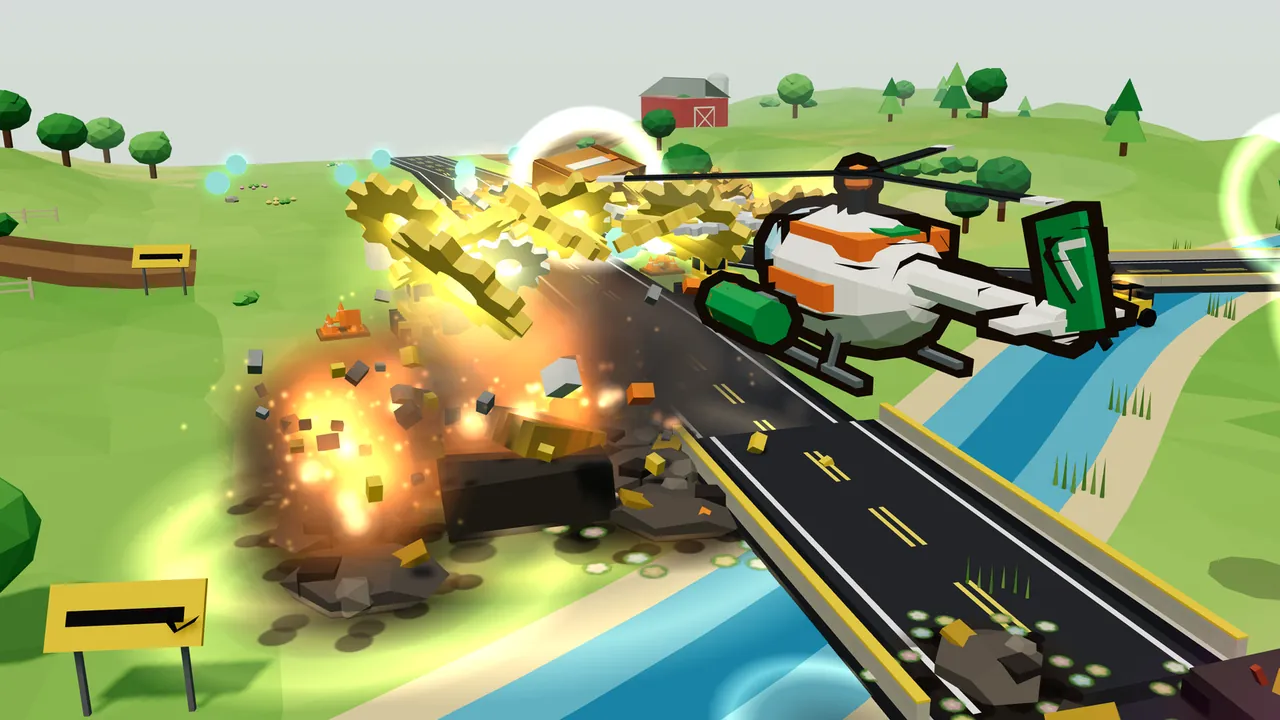 Greenfold Meadows by a road bridge over a blue river: on the left, the remains of an asphalt plant burn in a cloud of orange fire and dark soot, with gray, yellow and orange chunks of debris flying out of it and dark broken slabs lying on the grass; Thistle, a white helicopter with orange stripes, green engine pods and a green tail fin, flies above the road on the right, a stream of gold and silver cogs pours up past the rotor toward a red barn on the hill, small pale flowers ring the grass at the foot of the bridge, and a yellow road sign stands in the lower left corner