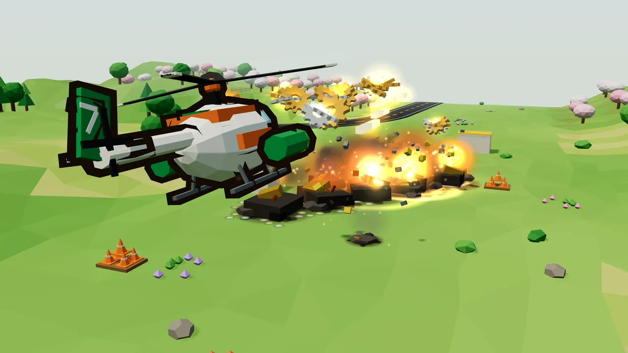 Greenfold Meadows on a bright green hill: Thistle, a white helicopter with orange stripes, green engine pods and a tall green tail fin with a white mark on it, flies close on the left, while just ahead of its nose a row of Bitumen Tanks goes up in balls of orange fire, with dark wrecks on the grass below, chunks of debris flying out and a shower of brass and silver cogs bursting into the air behind; small orange cone stacks dot the grass, and pink and white blossom trees line the hills