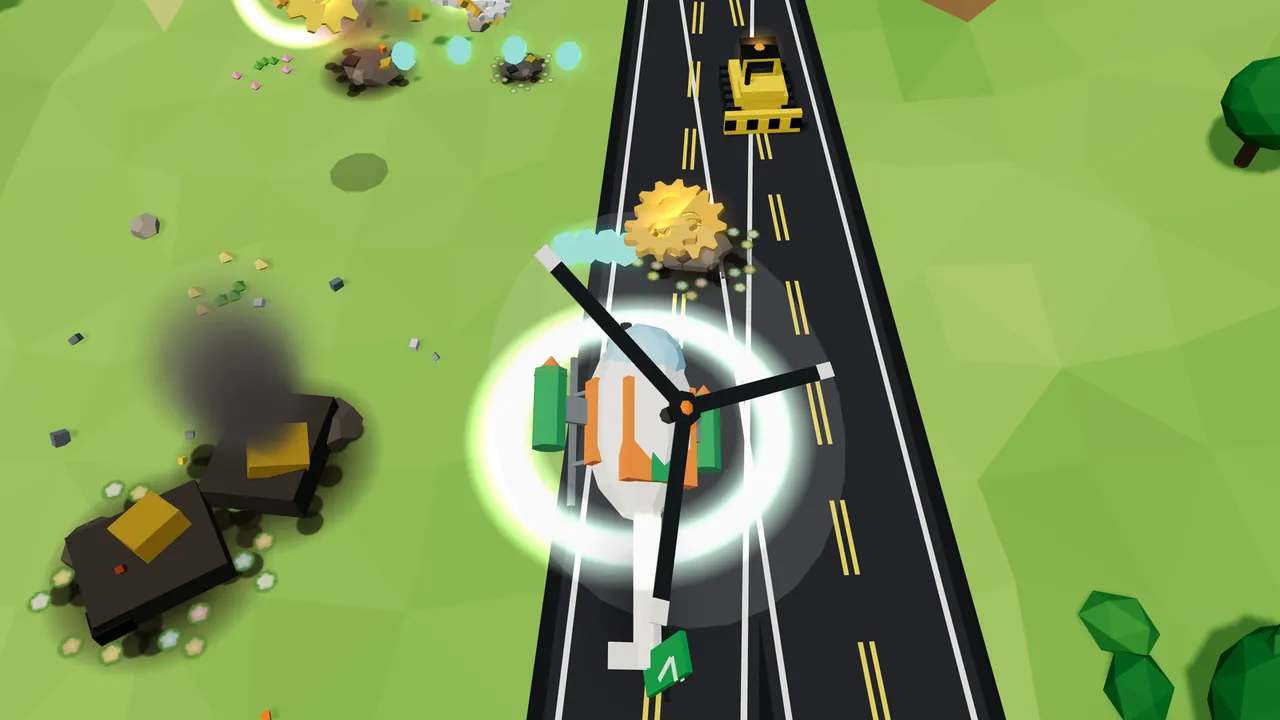 The game’s view from above: Thistle, white with an orange deck and a green chevron, green hopper pods on both sides and a three-blade rotor, flies over a dark road through a meadow inside a white-green shield ring, a yellow dozer with black stripes and a glowing beacon drives toward her, gold Scrap cogs float ahead of her, and on the left two dark wrecks with yellow patches smoke inside rings of small pale flowers