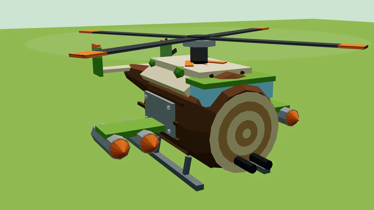 Ironbark, the heavy helicopter, close up at a low three-quarter angle: a wide brown body like a tree trunk with bark ridges and a riveted steel plate on the side, a nose shaped like a sawn log end with growth rings and two black gun barrels under it, a cream roof with moss-green edges and a blue window band, green wings with gray pods and orange noses, a tall tail and a four-blade rotor with orange tips