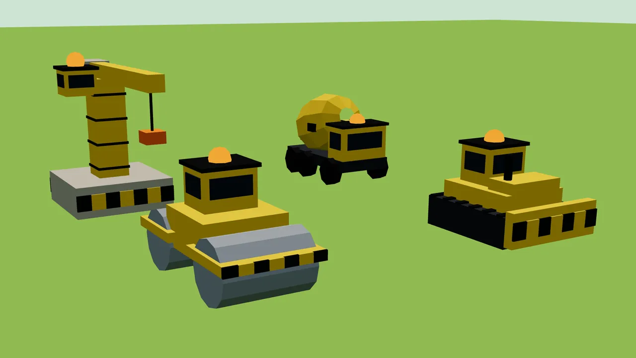 Four of the Paver’s machines on plain green ground: a crane on a gray base with black and yellow stripes, a road roller with a big gray drum, a cement mixer and a bulldozer with black tracks, all yellow with black stripes, each with an empty cab with dark windows and one orange beacon on the roof