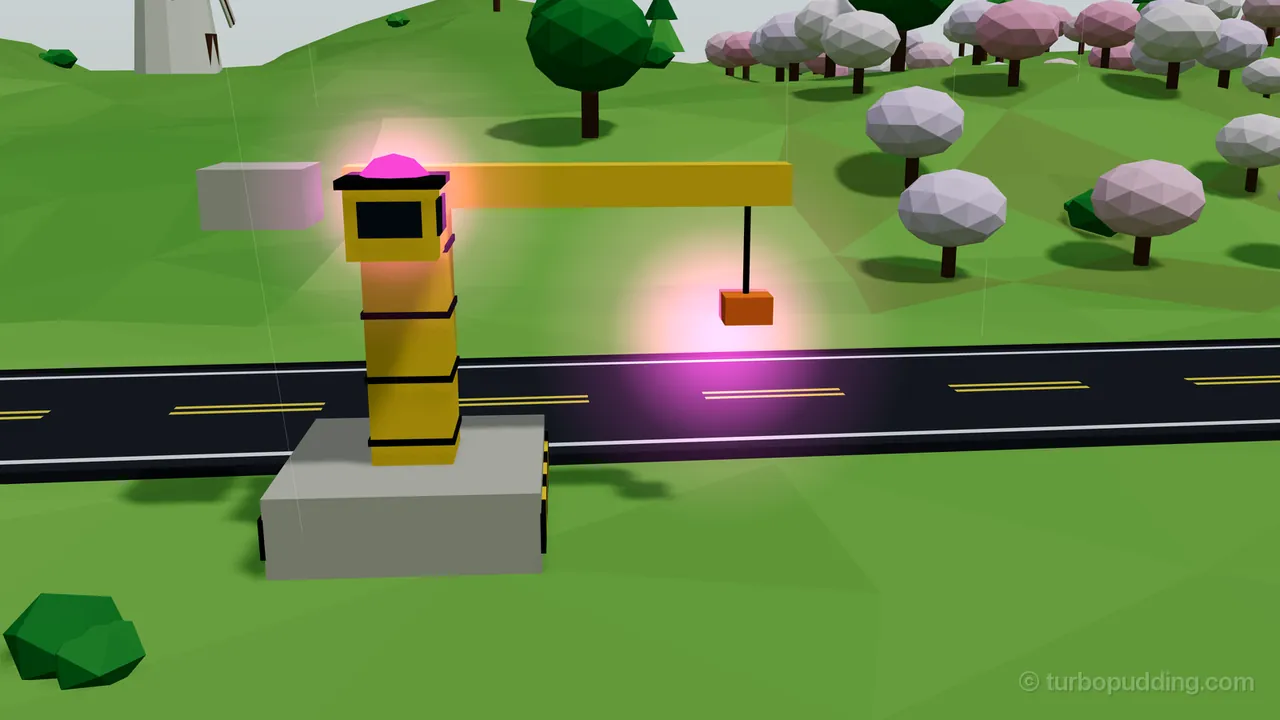 Beside a road in Wet Gravel, a Crane Turret stands on a gray concrete block: a yellow tower with black bands, a yellow cab with a dark window on top whose beacon glows magenta, a gray counterweight on the left and a long yellow arm to the right with a hook on a thin black line, where an orange load glows magenta too; an orchard of round pink and pale lilac trees, a dark green tree and the edge of a white windmill fill the background