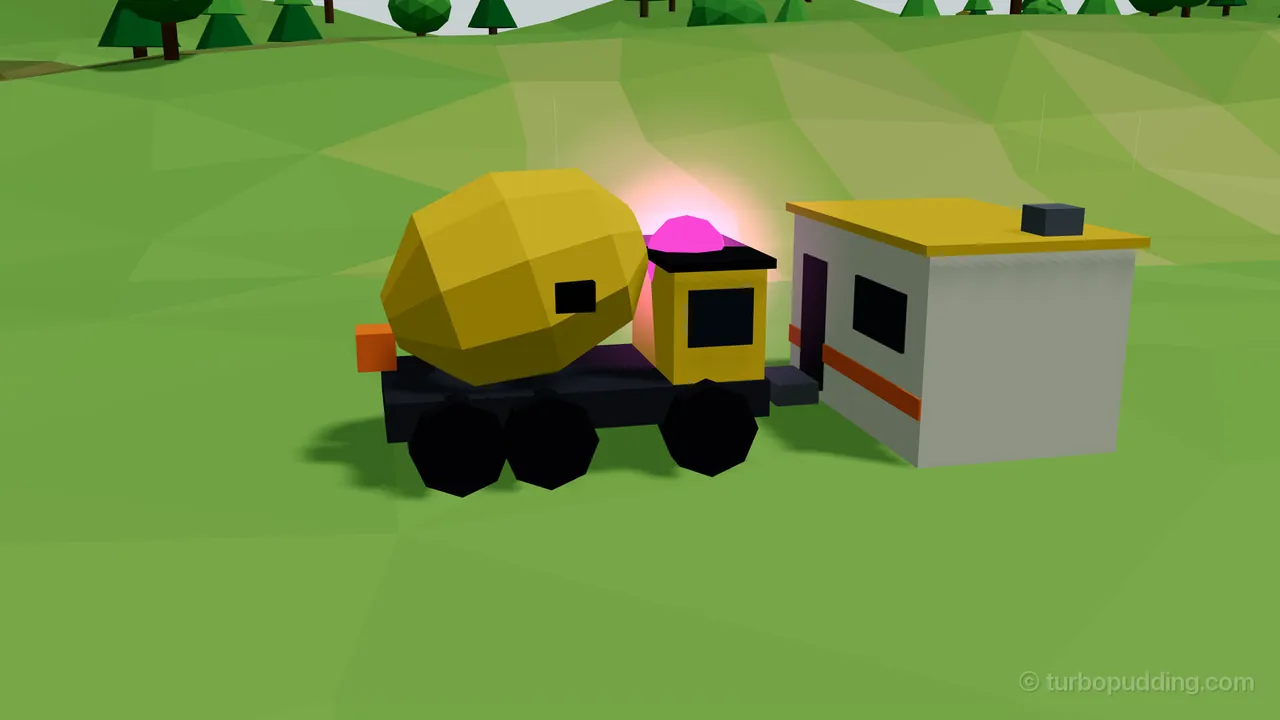 In the drizzle of Wet Gravel, a Mixer, a robot cement truck with a big faceted yellow drum on a black chassis, black wheels, a small orange box at the back and a yellow cab with an empty dark window, stands on the grass with the beacon on its cab glowing magenta, right next to a small gray site hut with a yellow roof and an orange stripe; a green hill with pine trees rises behind them