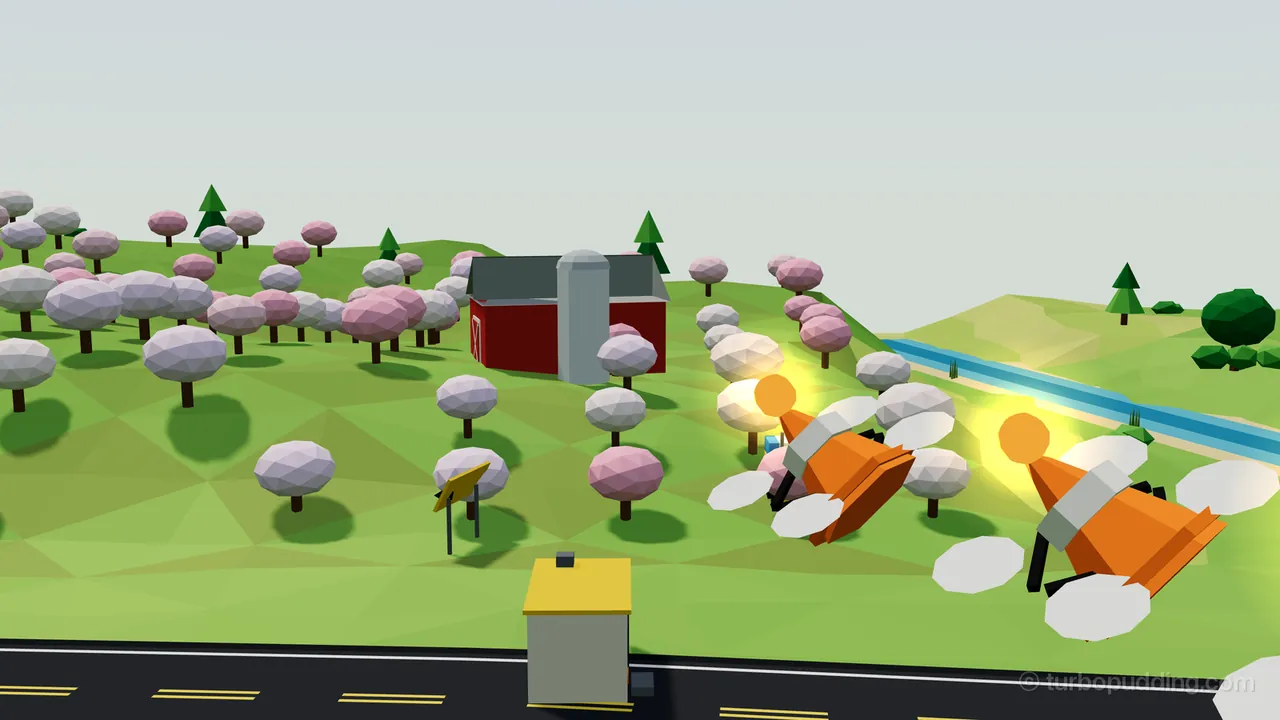Over Fresh Tarmac, two Cone Drones fly close to the camera on the right, each an orange traffic cone tipped over on its side with a pale gray band, a glowing orange beacon on its tip and four white rotor discs on thin black arms; behind them stretch an orchard of round pink and pale lilac trees, a red barn with a gray tin roof and a tall silo, a blue creek and green hills, and a small gray shed with a yellow roof stands by the road at the bottom of the frame