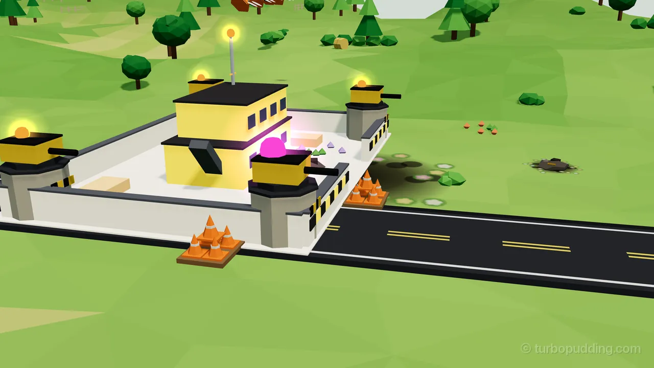 At the end of Roller Rows, the Depot Yard stands by the road: a compound with low white walls trimmed with black and yellow hazard stripes, a yellow two-story building with dark windows, a black roof and a tall mast with an orange light, and a turret with a black gun on each corner, three of them with orange beacons and the one in front of the building with its beacon glowing magenta; stacks of orange traffic cones on wooden pallets stand by the walls, and a scorched patch ringed with small flowers lies on the grass beside the road