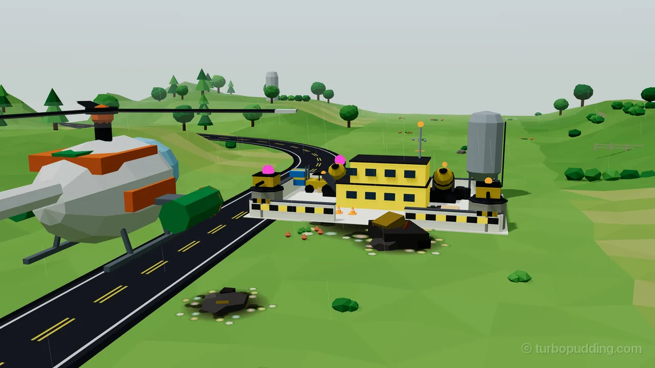 In the drizzle of Wet Gravel, Thistle, a round white helicopter with an orange deck, an orange stripe and a green hopper on a stub wing, hovers on the left over a road that curves away across green hills and faces the Gravel Yard: a compound with low white walls trimmed with black and yellow hazard stripes, a yellow two-story building with a mast in the middle, two round yellow mortar drums inside the walls, a turret on each front corner and a tall gray silo in the back corner, with the beacons of the left turret and the left mortar glowing magenta; a dark wreck and a scorched crater ringed with small flowers lie on the grass in front