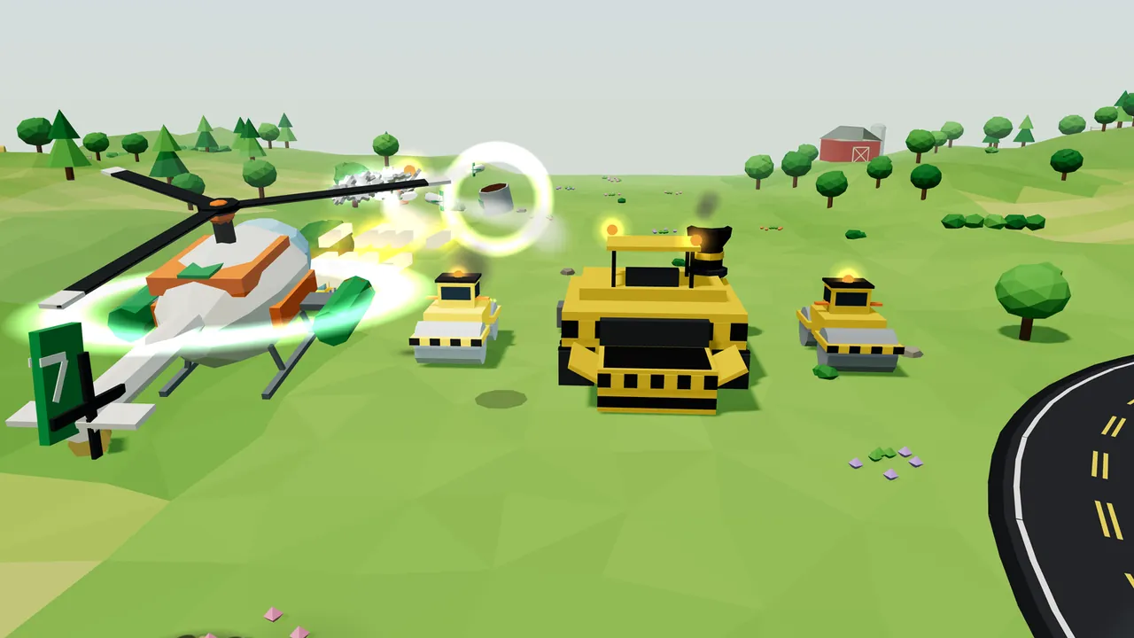 A green meadow under a pale sky: Thistle, the white helicopter with orange stripes, green pods and a green tail fin marked 7, flies large on the left, firing a stream of glowing shots; ahead stands the Paving Crew, a huge yellow and black road paver with a tall black exhaust stack and two orange warning lights, flanked by two smaller yellow Rollers with gray drums and black and yellow stripes; a smoking canister tumbles inside a glowing white ring above them, a curving black road with yellow lines edges in at the bottom right, and a red barn and green trees line the hills