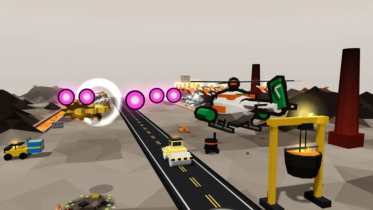 Thistle flies past a tall yellow Ladle Crane holding a black ladle full of glowing orange slag, with a dark red chimney rising behind it, over the gray ground of Cinderworks; a road runs through the middle with a yellow road roller on it, a trough of orange slag glows on the left beside a yellow forklift with a blue crate, a gold capsule bursts open in a white ring and a row of pink enemy shots flies across the yard