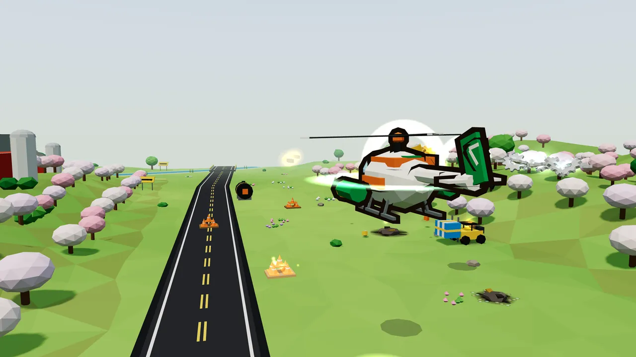 Thistle, a cream helicopter with orange trim, a green tail fin and green cannon pods, flies over Greenfold Meadows beside a straight black road, with pink and white blossom trees on rolling green hills, gray silos and the corner of a red barn on the left, small orange cone stacks on the road and the grass, a black barrel, and a yellow forklift carrying a blue crate under her