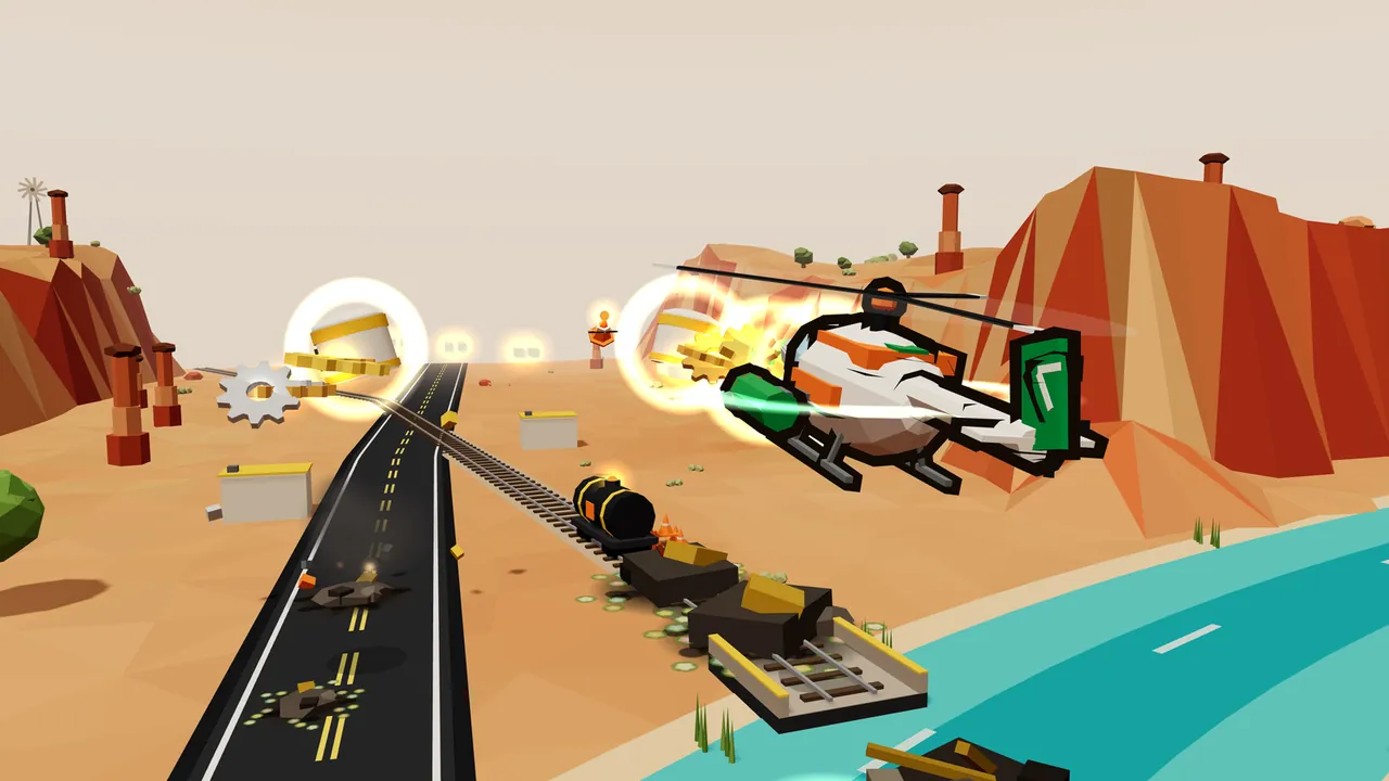 Thistle, a cream helicopter with orange trim, a green tail fin and green cannon pods, flies over the sandy floor of Rustrock Canyon between tall red mesa walls, with hoodoos, tall rock pillars with caps, and a wind pump on the rim; beside her two capsules burst open inside glowing white rings and spill gold pieces, a silver cog floats on the left, and below, a road and a rail line run toward a turquoise river, where a black tank car and two wrecked freight cars sit on the rails just before a short bridge deck at the water’s edge, with more wreckage lying in the river below it