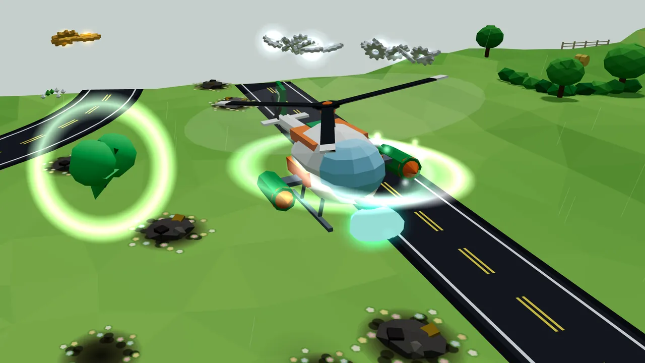 Thistle seen from the front, a white helicopter with a blue glass nose, orange trim and two green cannon pods, flying low along a black road through green hills inside a glowing green ring, with dark craters ringed by tiny pink, white and yellow flowers on the grass and gray and gold cogs floating in the air