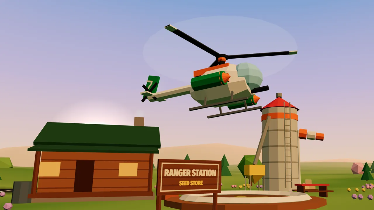 Thistle, a cream helicopter with orange trim, a green tail and green cannon pods, hovering at dawn over a log ranger hut, a wooden sign reading Ranger Station, Seed Store, a tall tin silo with a red roof, a ladder and a yellow hopper, a windsock and a round wooden landing pad