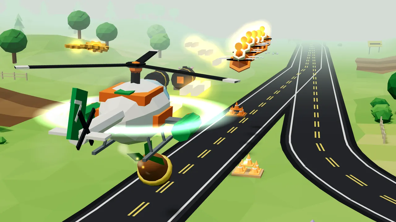 Thistle, a cream helicopter with orange trim, a green tail and green cannon pods, banking low over a fork in a new black road lined with traffic cones, a round brown pod with a gold band and a green stalk falling just below her