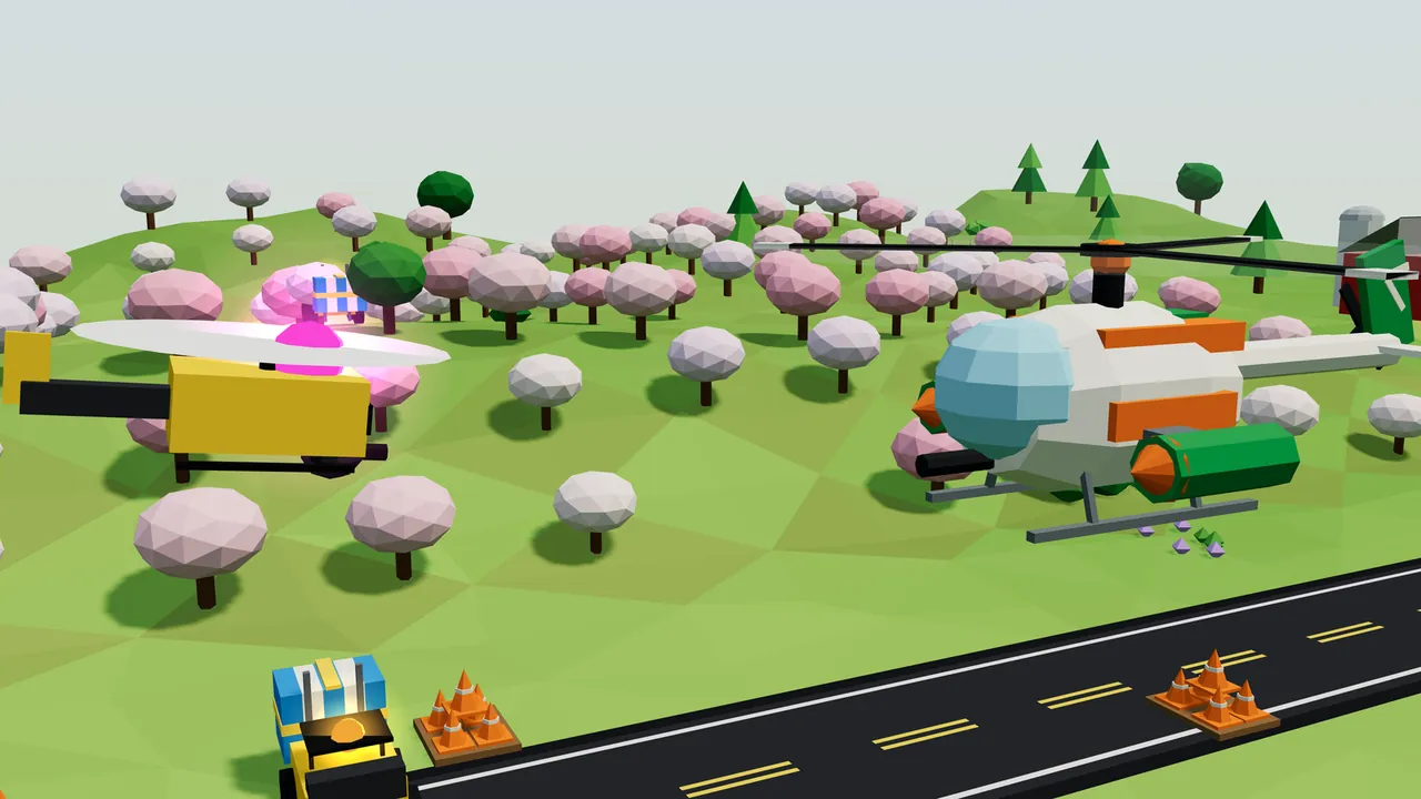 An orchard of round pink and white blossom trees on green hills: on the left, a Survey Copter, a yellow box-shaped helicopter with a long dark gun, a dark tail and skids, hangs in the air under a pale spinning rotor, the hub on top glowing bright magenta as it winds up a burst; on the right, Thistle, a white helicopter with orange stripes, a pale blue glass nose, green cannon pods with orange tips and a green tail, faces it across the trees; at the bottom, a black road with stacks of orange traffic cones and a small yellow forklift carrying a striped crate, and a red barn at the back on the right