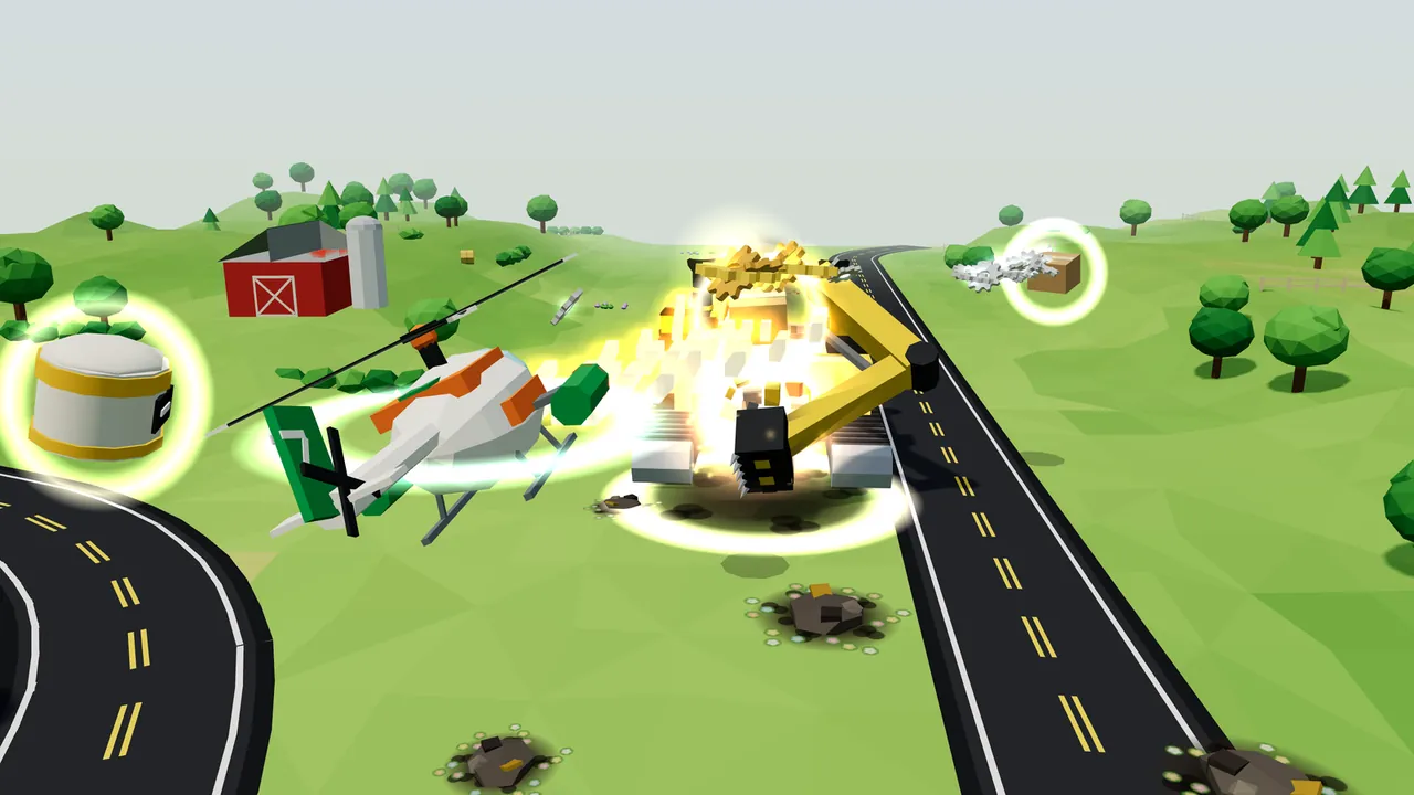 Thistle, the white helicopter with orange stripes, green pods and a green tail, flies on the left beside a curving black road; at the center, Big Dig, the yellow excavator on dark tracks, disappears in a big white and yellow blast where its long yellow arm joins the body, with gold cogs and chunks flying up and the black bucket hanging below; a white canister with a gold band floats in a glowing ring at the left, a box with silver cogs glows in another ring at the top right, and a red barn with a silo, green trees and scorched craters ringed with flowers fill the meadow
