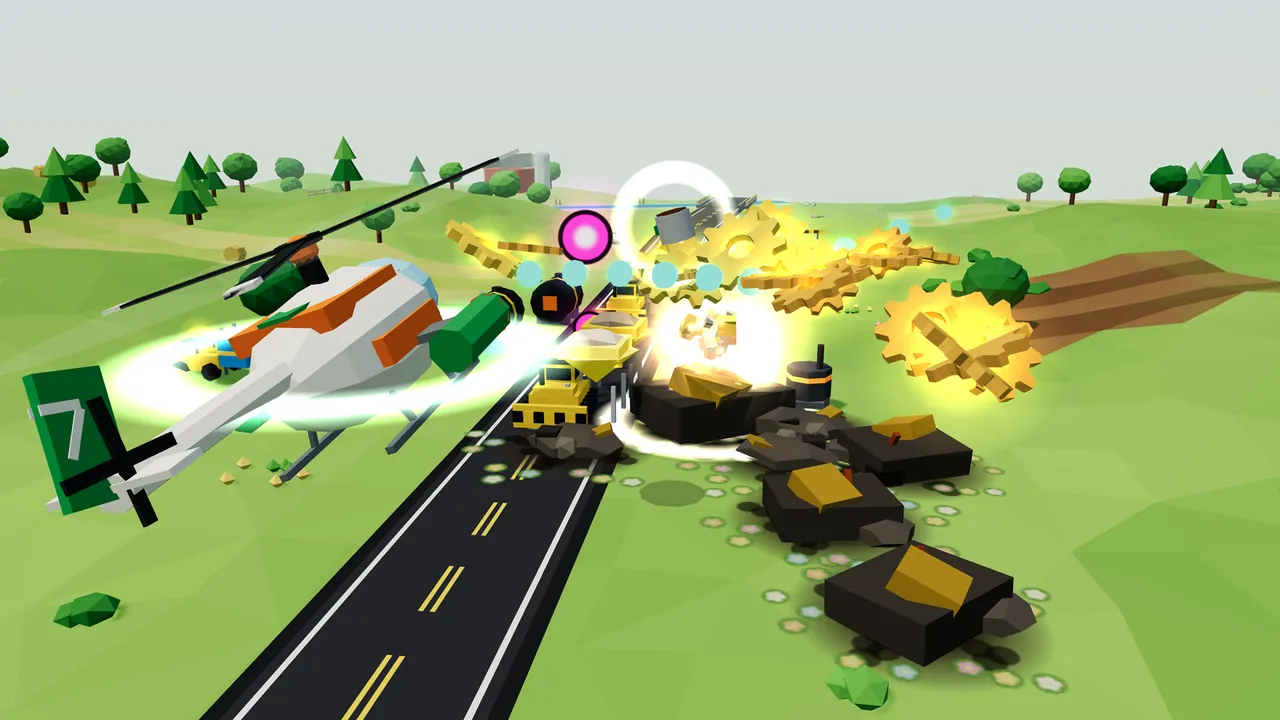 Thistle, the white helicopter with orange stripes, green cannon pods and a green tail fin with a white 7, flies low over a black road on the left, firing a string of pale teal droplets; on the right, the Asphalt Plant has just gone up: dark broken blocks with gold chunks lie in the grass among little flowers, huge gold cogs burst into the air in a bright flash, round black kettles stand in the smoke, a yellow road machine sits on the road, a magenta enemy shell flies toward Thistle, and a bonus in a glowing white ring floats above it all