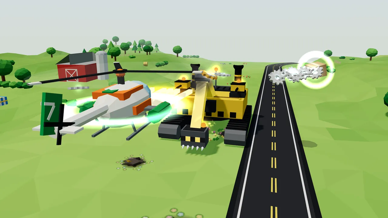 The end of the trail in Greenfold Meadows: Thistle, a white helicopter with orange stripes, green cannon pods and a tall green tail fin with a white 7, hovers large on the left right beside Big Dig, a giant yellow excavator with black stripes on dark tracks, with two tall black exhaust stacks banded in yellow, a little turret with an orange light on each side of the cab and a long yellow arm reaching forward to a black toothed bucket; a black road with yellow lines runs off to the right, silver cogs and a box glow in a white ring above it, and a red barn with a tall silo stands on the green hill behind, with a scorched crater ringed with flowers in the grass below